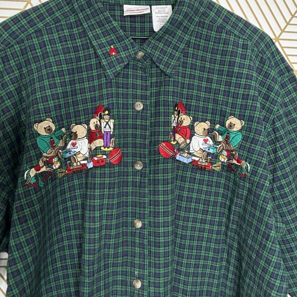 Cottagecore Christmas Top 22/24W Embroidered Bears Holiday Plaid Shirt Teacher